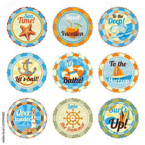 Vector set of cute bright summer badges with slogans. Sea star, cocktail, diving set, anchor, yacht, beacon, handwheel, surf.