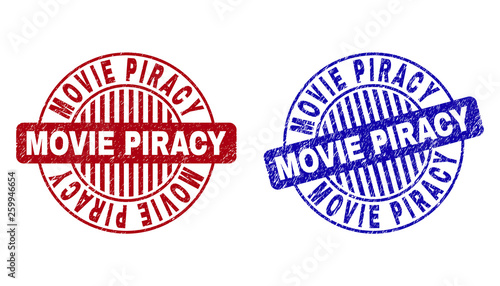 Grunge MOVIE PIRACY round stamp seals isolated on a white background. Round seals with grunge texture in red and blue colors.