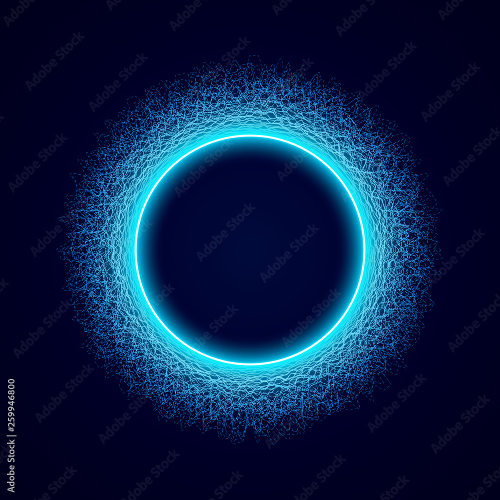 Neon circular shape of Soundwave form. Audio equalizer. Sound impulse visualization. Neon circle with dots light effect on black background. Vector illustration. Neon circular shape of Soundwave form. Audio equalizer. Sound impulse visualization. Neon circle with dots light effect on black background. Vector illustration.
