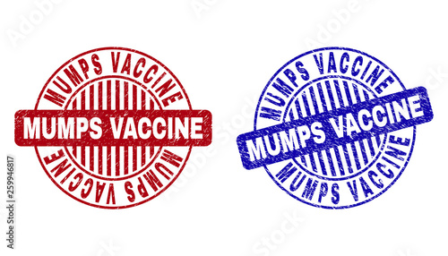 Grunge MUMPS VACCINE round stamp seals isolated on a white background. Round seals with distress texture in red and blue colors.