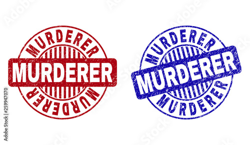 Grunge MURDERER round stamp seals isolated on a white background. Round seals with grunge texture in red and blue colors. Vector rubber imprint of MURDERER tag inside circle form with stripes.