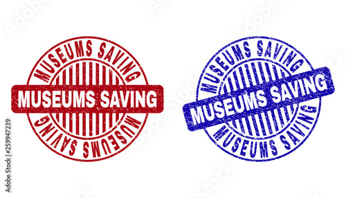 Grunge MUSEUMS SAVING round stamps isolated on a white background. Round seals with grunge texture in red and blue colors. Vector rubber imprint of MUSEUMS SAVING text inside circle form with stripes.