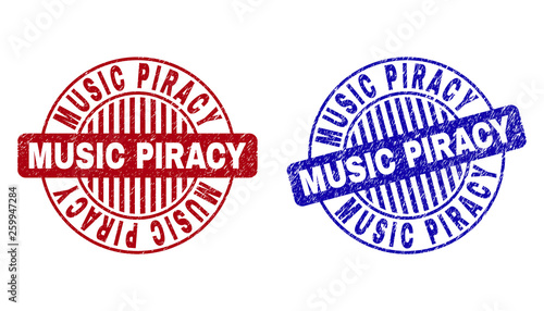 Grunge MUSIC PIRACY round stamps isolated on a white background. Round seals with grunge texture in red and blue colors. Vector rubber imitation of MUSIC PIRACY tag inside circle form with stripes.