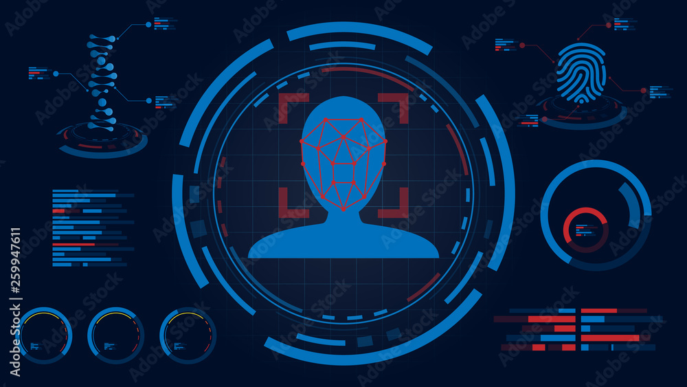 Obraz premium Face detection system on HUD screen display,DNA and fingerprint data information process Futuristic technology, Tactical view Sci-Fi VR, vector illustration