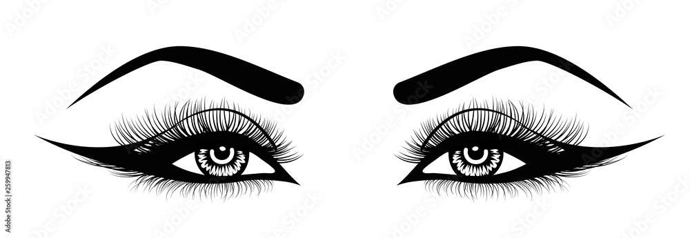 Vector eye lashes. Hand-drawn woman s sexy luxurious eye with perfectly shaped eyebrows and full lashes. Idea for business visit card, typography vector. Perfect salon look.