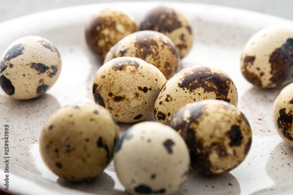 Quail Eggs on the gray plate, eco product