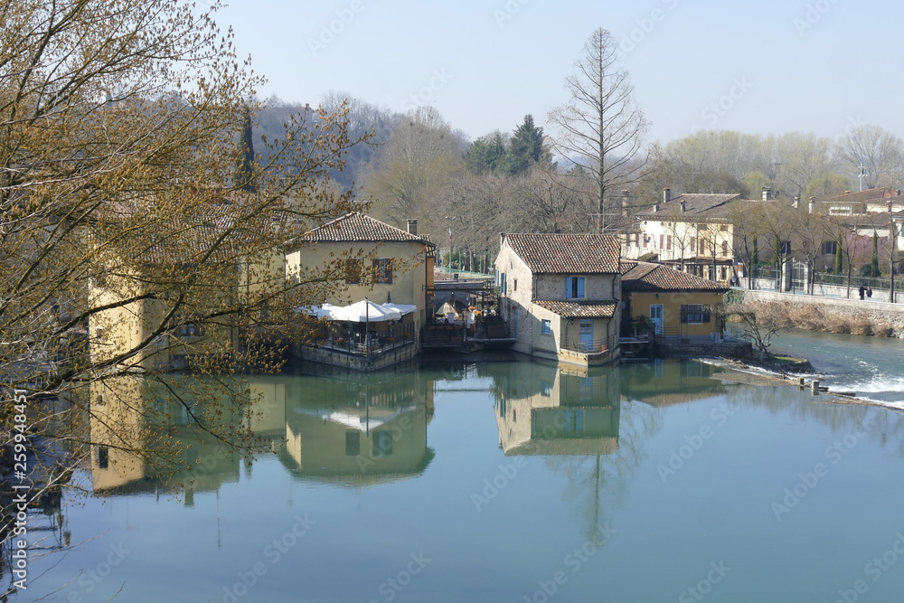 panorama of Medieval village of Borghetto on Mincio river from the Roman bridge