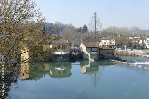 panorama of Medieval village of Borghetto on Mincio river from the Roman bridge