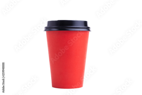 Coffee, tea, takewaay. Photo of a red cup with black  cover over white background