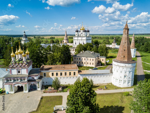Joseph-Volokolamsk lavra or Josepho-Volotsky monastery, and a lake, near Volokolamsk, Moscow Oblast, Russia. Russian Eastern Orthodox Christian Church and a white-wall medieval fortress or kremlin