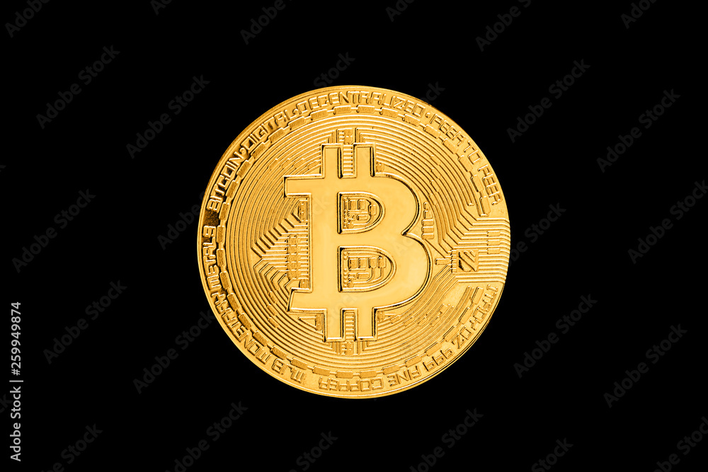 Golden bitcoin isolated on black. Digital currency. Cryptocurrency. Golden bitcoin isolated on black. Digital currency. Cryptocurrency.
