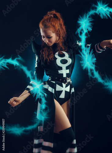 girl dancing light show