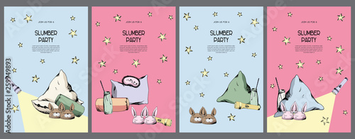 Bright pink and blue night pajama sleepover party invitations set, cards kit, poster template