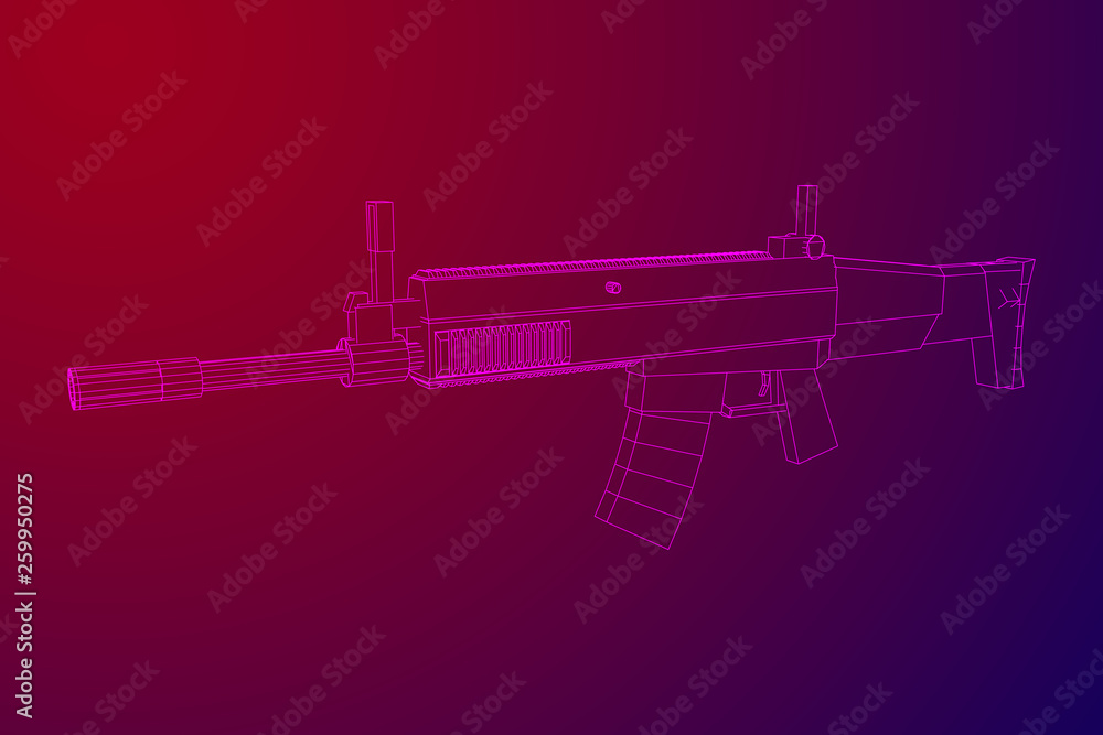 Assault rifle, automatic fire rifle model wireframe low poly mesh vector illustration Assault rifle, automatic fire rifle model wireframe low poly mesh vector illustration