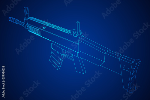 Assault rifle, automatic fire rifle model wireframe low poly mesh vector illustration