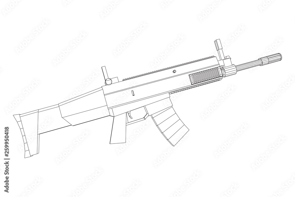 Assault rifle, automatic fire rifle model wireframe low poly mesh vector illustration Assault rifle, automatic fire rifle model wireframe low poly mesh vector illustration
