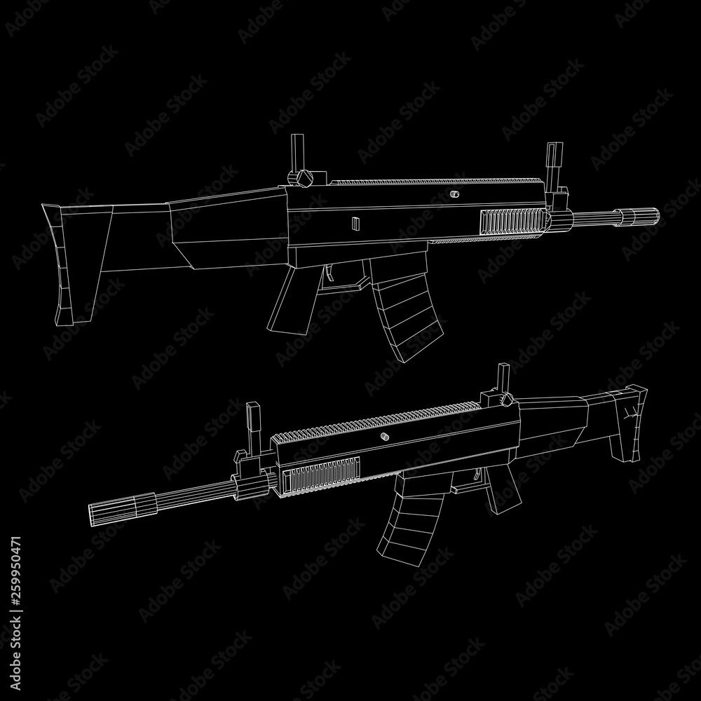 Assault rifle, automatic fire rifle model wireframe low poly mesh vector illustration