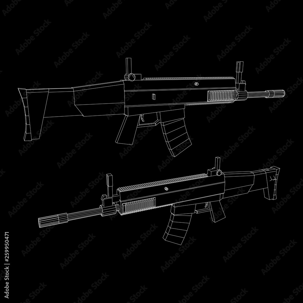 Assault rifle, automatic fire rifle model wireframe low poly mesh vector illustration Assault rifle, automatic fire rifle model wireframe low poly mesh vector illustration