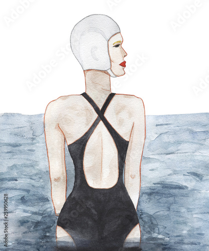 Watercolor fashion girl swimming