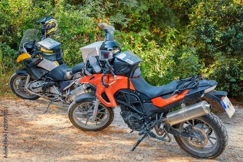 Motorcycles of travelers. Motorcycle active touring. Road adventure with motorcycles © Natalia