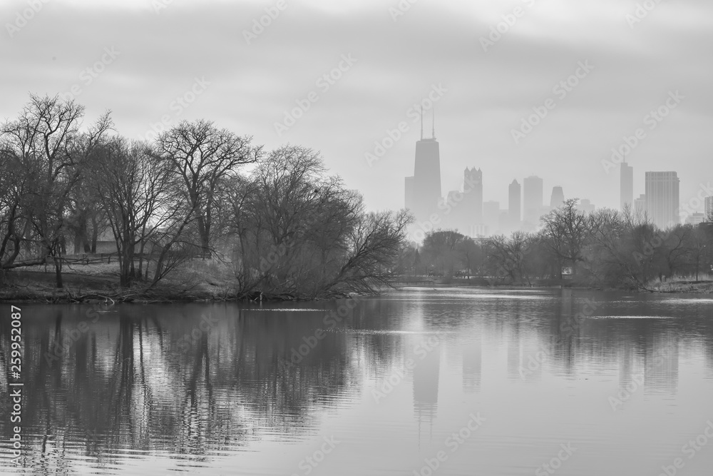 big city urban skyline in fog