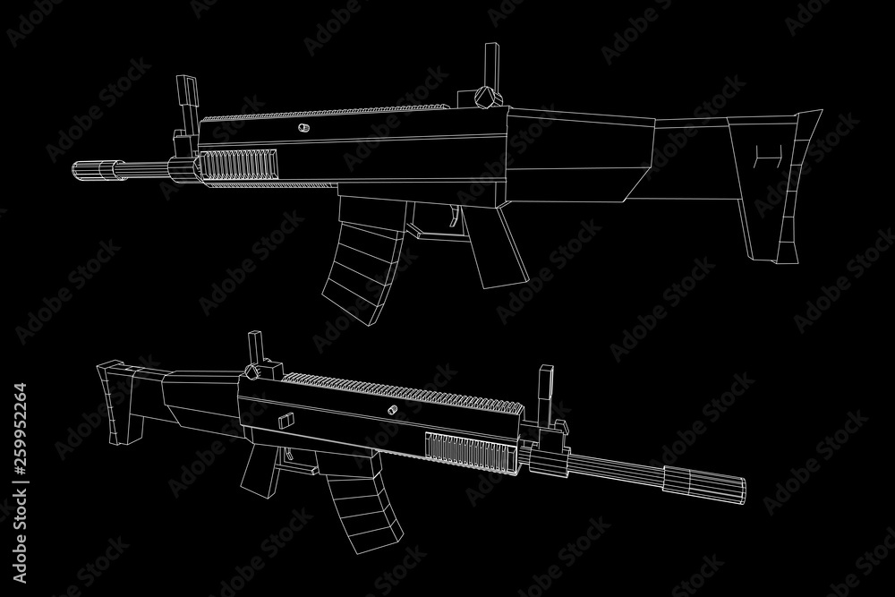 Assault rifle, automatic fire rifle model wireframe low poly mesh vector illustration Assault rifle, automatic fire rifle model wireframe low poly mesh vector illustration