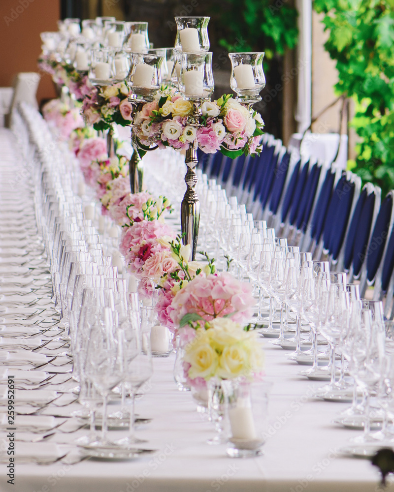 row of glasses on the decorated table row of glasses on the decorated table