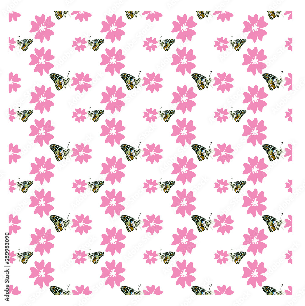 Naklejka seamless pattern with pink flower and butterfly on white background