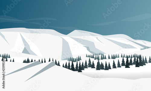 Cute flat winter landscape with mountain, forest and clouds illustration. Ideal for web, card poster cover invitation, brochure. Simple Minimalism. Vector