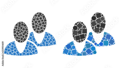 Mosaic Men icons organized from spheric and square elements in different sizes, positions and proportions. Vector spheric and square elements are united into abstract puzzle men icons.