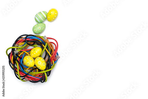 Easter eggs and nest of internet cables on white backgound