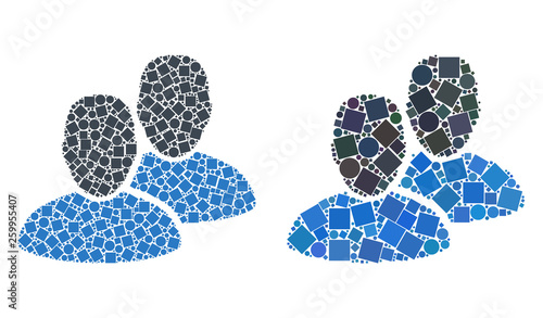 Collage Users icons organized from circle and square elements in different sizes, positions and proportions. Vector circle and square spots are composed into abstract mosaic users icons.