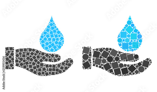 Mosaic Water offer hand icons composed of circle and square elements in variable sizes, positions and proportions.