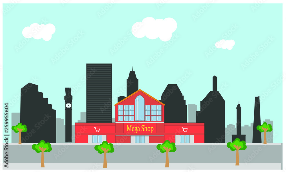 vector of shopping center in skyline city of baltimore in united states
