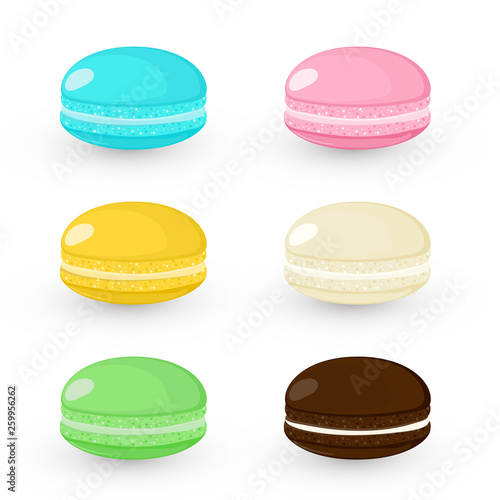 Set of different colorful macaroons with shade. Macaroon cookies isolated on white background. Sweet and tasty vector template for cooking and restaurant menu