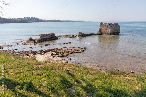 Ruins of ancient fortification at the sea in town of Nea Poteidaia, Kassandra, Chalkidiki, Central Macedonia, Greece