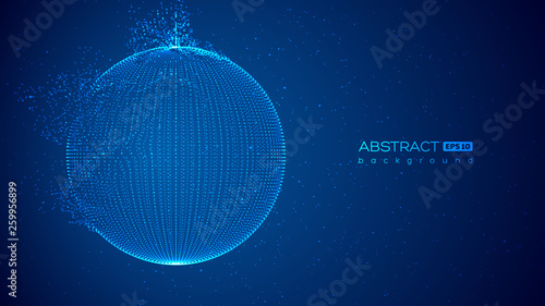 Abstract globe particles sphere with explosion effect. 3d technology digital style. Space background. Futuristic vector illustration.