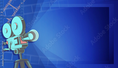 Cinema festival poster template or background. Vector glowing neon cinema banner. 3d style movie camera with film spotlight. Sale cinema theatre tickets, movie time and entertainment concept