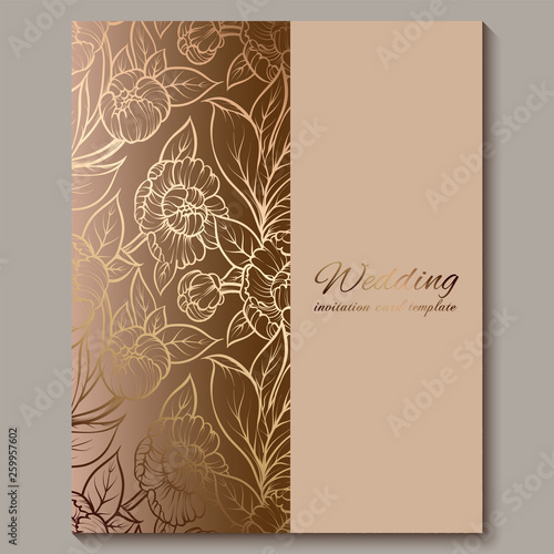 Exquisite royal luxury wedding invitation, gold floral background with frame and place for text, lacy foliage made of roses or peonies with golden shiny gradient.