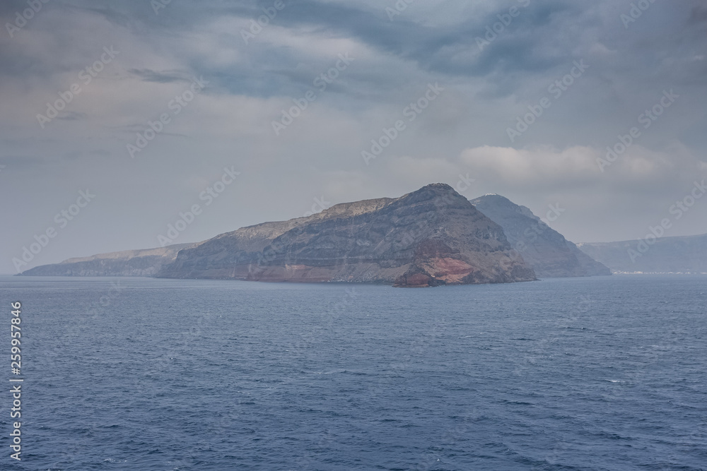 Panorama of the island of Thirasia which is part of the caldera of Santorini