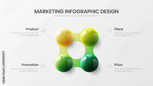 Business 4 option infographic presentation vector 3D colorful balls illustration. Corporate marketing analytics data report design layout. Company statistics information graphic visualization template