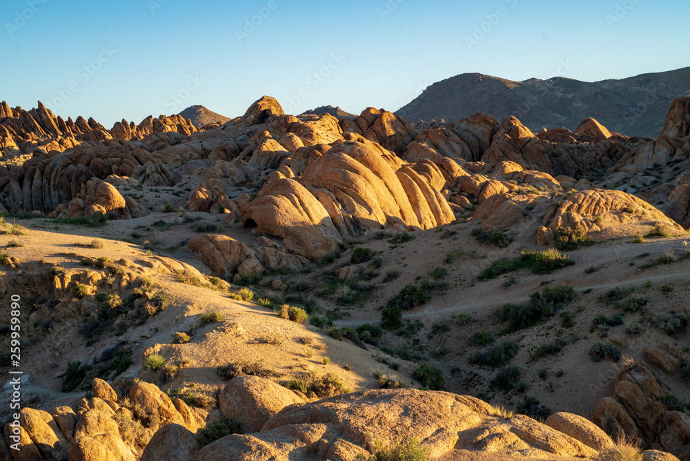 morning sunlight on rock formations in the Alabama Hills, Eastern Sierra Nevada mountains, Lone Pine, California, USA
