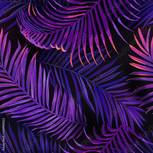 Tropical Neon Palm Leaves Seamless Pattern. Purple Colored Floral Background. Summer Exotic Botanical Foliage Fluorescent Design with Tropic Plants for Fabric, Textile, Wallpaper. Vector illustration