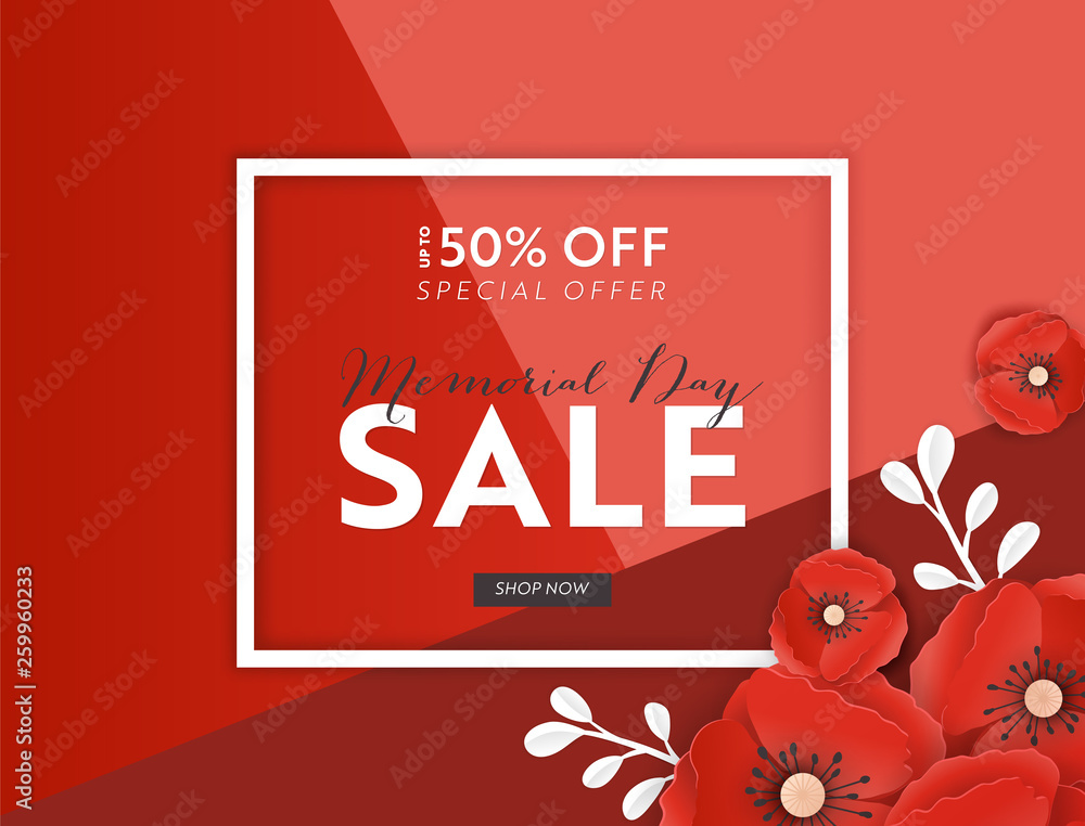 Naklejka premium Memorial Day Sale Banner with Red Paper Cut Poppy Flowers. Remembrance Day Discount Poster with Symbol of Piece Poppies for Promo Flyer, Origami Brochure, Leaflet. Vector illustration