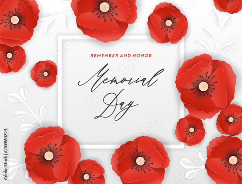 Memorial Day Banner with Red Paper Cut Poppy Flowers. Remembrance Day Poster with Symbol of Piece Poppies for Flyer, Brochure, Leaflet. Vector illustration