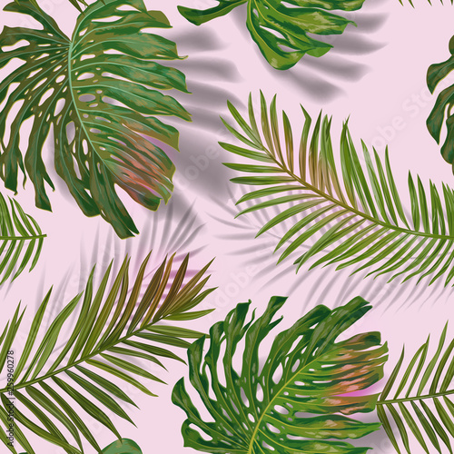 Fototapeta Naklejka Na Ścianę i Meble -  Tropical Palm Leaves Seamless Pattern. Jungle Floral Background. Summer Exotic Botanical Foliage Design with Tropic Plants for Fabric, Fashion Textile, Wallpaper. Vector illustration