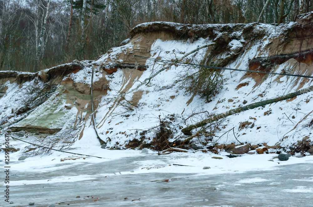 Soil collapse and fallen trees. Destruction of banks. Stumpy shores in winter. Soil collapse and fallen trees. Destruction of banks. Stumpy shores in winter.