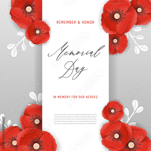 Memorial Day Banner with Red Paper Cut Poppy Flowers. Remembrance Day Poster with Symbol of Piece Poppies for Flyer, Brochure, Leaflet. Vector illustration