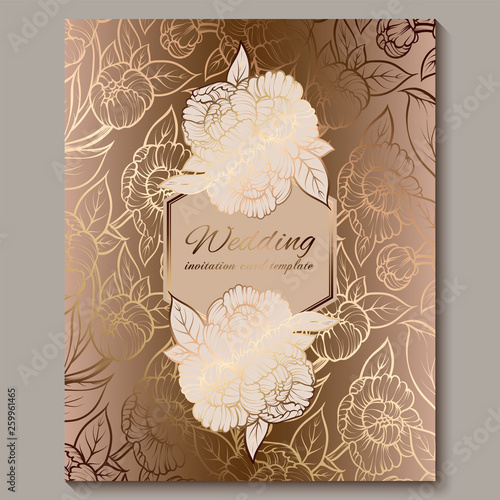 Exquisite royal luxury wedding invitation, gold floral background with frame and place for text, lacy foliage made of roses or peonies with golden shiny gradient.