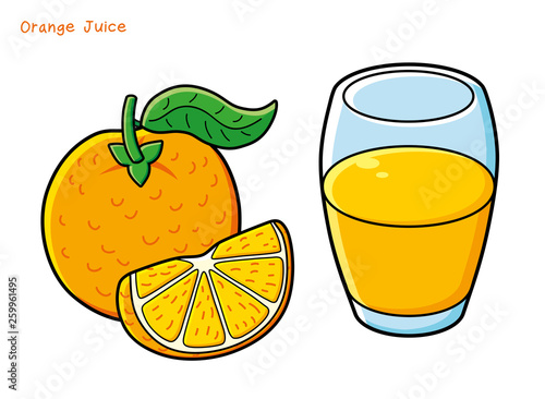 Orange fruit with slice and glass of fresh juice isolated